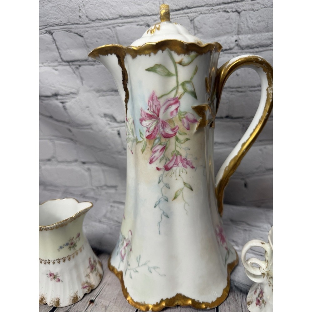 Antique CFH GDM Charles Field Haviland Limoges‎ France Chocolate Pot Set Floral - Picture 2 of 14